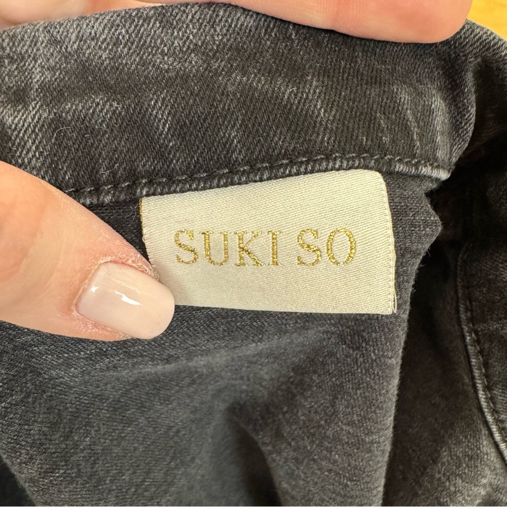 Suki So Black Denim Jumpsuit Zip Front Collar Belted Flare Leg Women's S - Picture 7 of 8